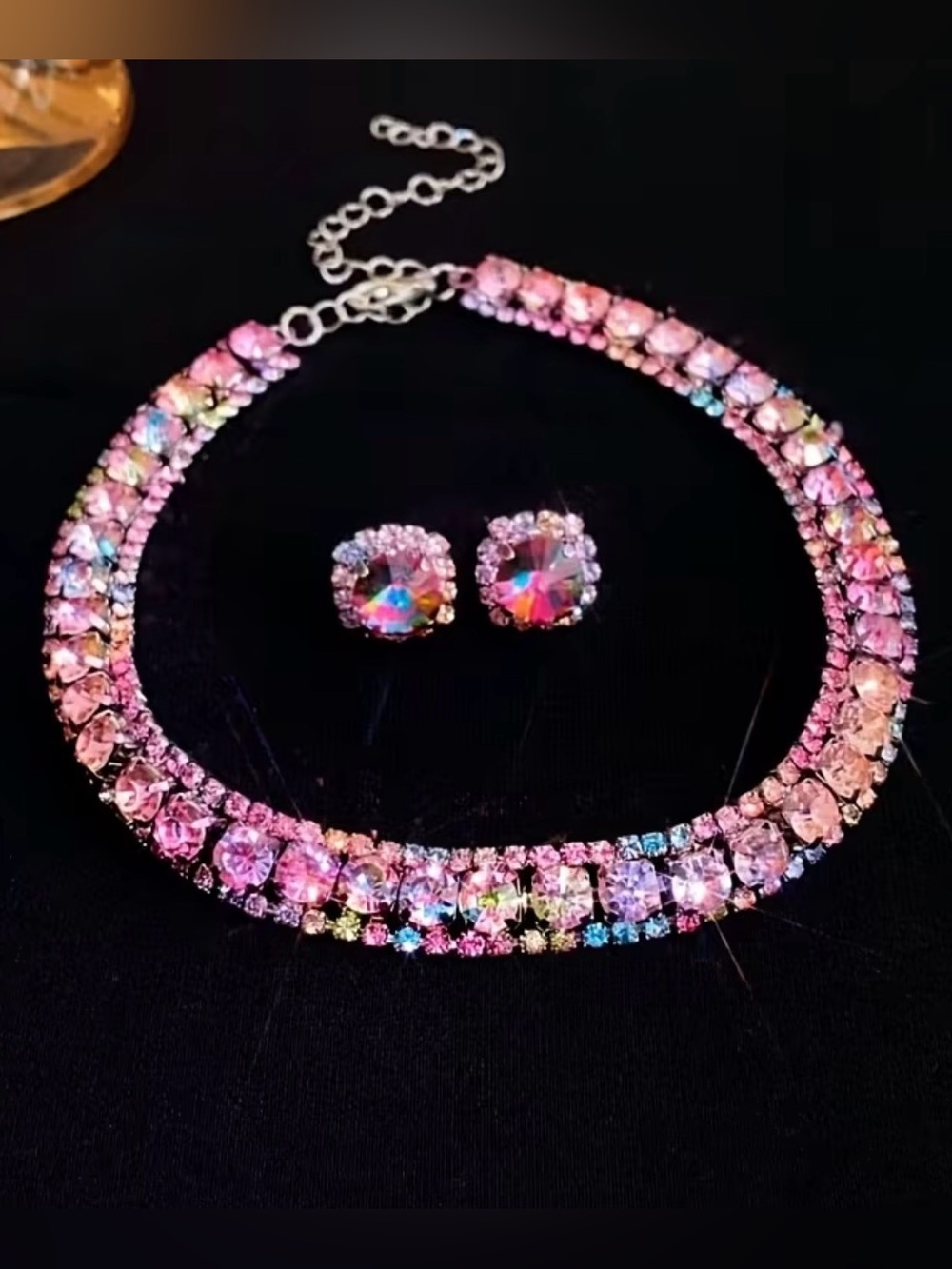 Sparkling Pink Multicolor Crystal Necklace & Earring Set
